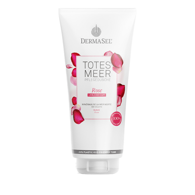 Sie sehen eine Packung DermaSel® Totes Meer Pflegedusche Rose, Produktbild: 01 DermaSel® Totes Meer Pflegedusche Rose, A-Nr.: 5106832 - 01