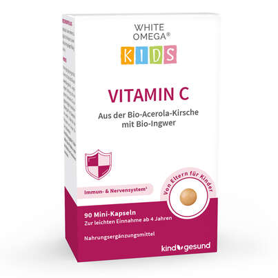 Sie sehen eine Packung Vitamin C für Kinder – aus Bio-Acerola-Kirsche – mit Bio-Ingwer – für das Immunsystem – zuckerfrei – 90 Mini-Kapseln (1 Monat), Produktbild: 01 Vitamin C für Kinder – aus Bio-Acerola-Kirsche – mit Bio-Ingwer – für das Immunsystem – zuckerfrei – 90 Mini-Kapseln (1 Monat), A-Nr.: 5895734 - 01
