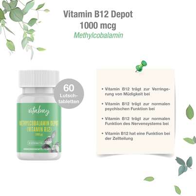 Sie sehen eine Packung Vitabay Vitamin B12 Depot 1000 mcg Lutschtabletten, Produktbild: 02 Vitabay Vitamin B12 Depot 1000 mcg Lutschtabletten, A-Nr.: 5878434 - 02