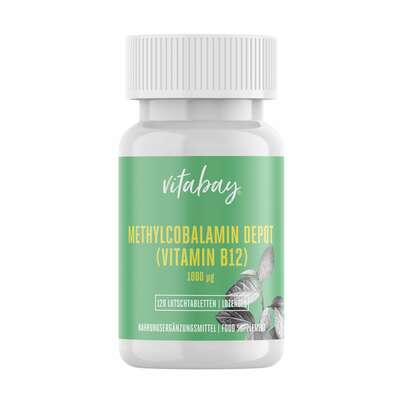 Sie sehen eine Packung Vitabay Vitamin B12 Methylcobalamin Depot 1000 mcg Lutschtabletten, Produktbild: 01 Vitabay Vitamin B12 Methylcobalamin Depot 1000 mcg Lutschtabletten, A-Nr.: 5878457 - 01