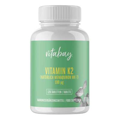 Sie sehen eine Packung Vitabay Vitamin K2 100 µg Tabletten, Produktbild: 01 Vitabay Vitamin K2 100 µg Tabletten, A-Nr.: 5878351 - 01