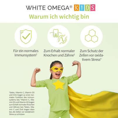 Sie sehen eine Packung Vitamine für Kinder – für das Immunsystem – zuckerfrei – Omega-3, Vitamin C, D3+K2, Selen, Zink – 90 Mini-Kapseln (1 Monat), Produktbild: 02 Vitamine für Kinder – für das Immunsystem – zuckerfrei – Omega-3, Vitamin C, D3+K2, Selen, Zink – 90 Mini-Kapseln (1 Monat), A-Nr.: 5614184 - 02