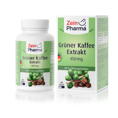Sie sehen eine Packung Zeinpharma Grüner Kaffee Extrakt 450 Kapseln, Produktbild: 01 Zeinpharma Grüner Kaffee Extrakt 450 Kapseln, A-Nr.: 4182802 - 01
