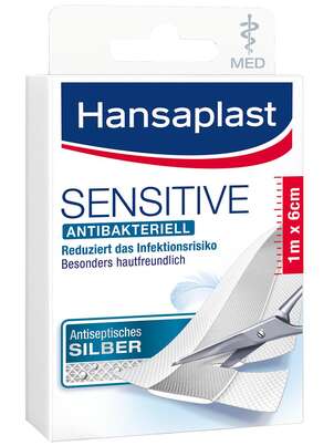 Sie sehen eine Packung Hansaplast Sensitive MED antibakteriell 1m x 6cm, Produktbild: 01 Hansaplast Sensitive MED antibakteriell 1m x 6cm, A-Nr.: 4174174 - 01