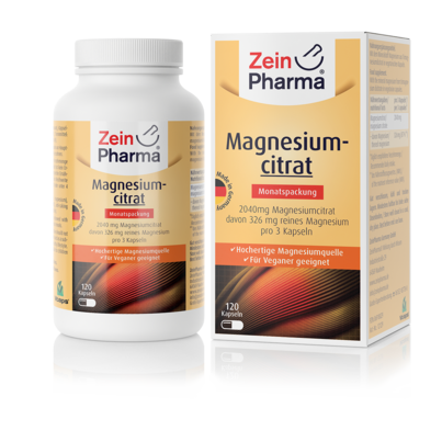 Sie sehen eine Packung Zeinpharma Magnesium Citrat Kapseln, Produktbild: 01 Zeinpharma Magnesium Citrat Kapseln, A-Nr.: 3956727 - 01