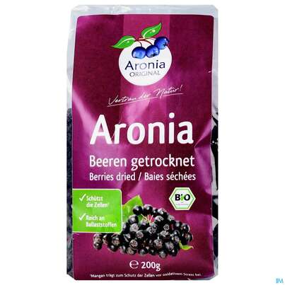 Sie sehen eine Packung Aronia Original Bio Aroniabeeren Getrocknet O.zucker & Ungeschwef. 200g, Produktbild: 01 Aronia Original Bio Aroniabeeren Getrocknet O.zucker & Ungeschwef. 200g, A-Nr.: 4137316 - 01