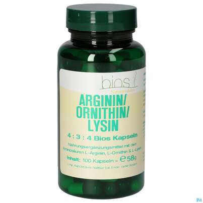 Sie sehen eine Packung Bios Arginin/ornithin/lysin 4:3:4 100 Kapseln, Produktbild: 01 Bios Arginin/ornithin/lysin 4:3:4 100 Kapseln, A-Nr.: 4247192 - 01