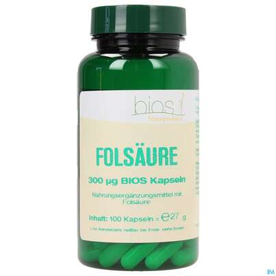 Sie sehen eine Packung Bios Folsäure 300 µg 100 Kapseln, Produktbild: 02 Bios Folsäure 300 µg 100 Kapseln, A-Nr.: 3891198 - 02