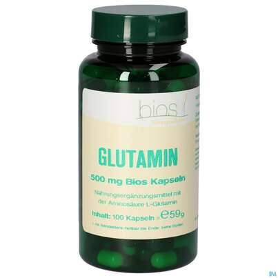 Sie sehen eine Packung Bios Glutamin 500mg 100 Kapseln, Produktbild: 01 Bios Glutamin 500mg 100 Kapseln, A-Nr.: 4247269 - 01