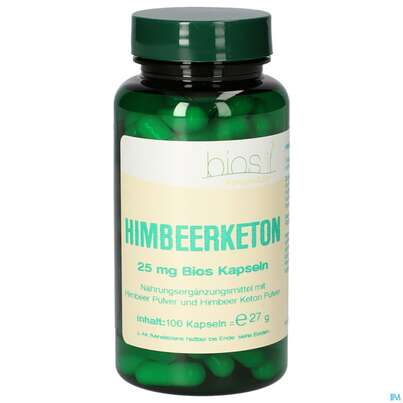 Sie sehen eine Packung Bios Himbeerketon 25mg 100 Kapseln, Produktbild: 01 Bios Himbeerketon 25mg 100 Kapseln, A-Nr.: 4292229 - 01