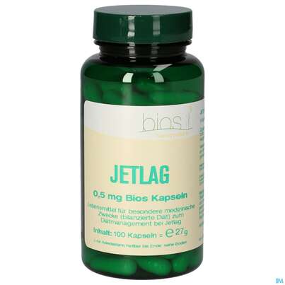 Sie sehen eine Packung Bios Jetlag 0.5mg 100 Kapseln, Produktbild: 01 Bios Jetlag 0.5mg 100 Kapseln, A-Nr.: 4246904 - 01