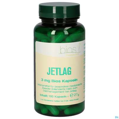 Sie sehen eine Packung Bios Jetlag 3mg 100 Kapseln, Produktbild: 01 Bios Jetlag 3mg 100 Kapseln, A-Nr.: 4246962 - 01