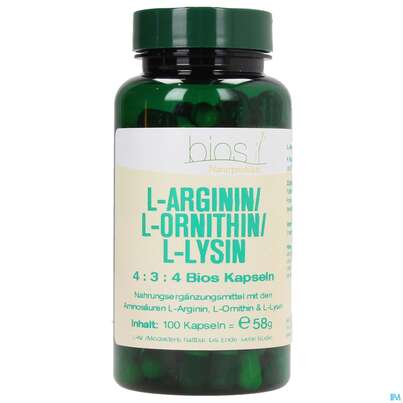 Bios l-arginin/l-ornithin/l-lysin 4:3:4 100 Kapseln, A-Nr.: 3891956 - 01