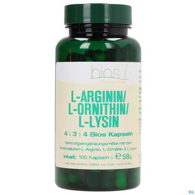 Bios l-arginin/l-ornithin/l-lysin 4:3:4 100 Kapseln, A-Nr.: 3891956 - 02