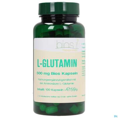 Sie sehen eine Packung Bios l-glutamin 500mg 100 Kapseln, Produktbild: 02 Bios l-glutamin 500mg 100 Kapseln, A-Nr.: 3892074 - 02