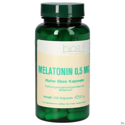Sie sehen eine Packung Bios Melatonin Ruhe 0,5mg 100 Kapseln, Produktbild: 01 Bios Melatonin Ruhe 0,5mg 100 Kapseln, A-Nr.: 4246985 - 01
