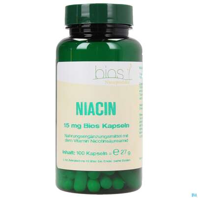 Sie sehen eine Packung Bios Niacin 15mg 100 Kapseln, Produktbild: 02 Bios Niacin 15mg 100 Kapseln, A-Nr.: 3892594 - 02