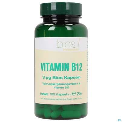 Sie sehen eine Packung Bios Vitamin B12 3 µg 100 Kapseln, Produktbild: 01 Bios Vitamin B12 3 µg 100 Kapseln, A-Nr.: 3893470 - 01