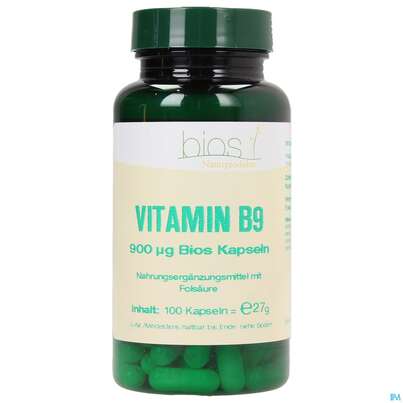 Sie sehen eine Packung Bios Vitamin B9 900 µg 100 Kapseln, Produktbild: 02 Bios Vitamin B9 900 µg 100 Kapseln, A-Nr.: 4246844 - 02