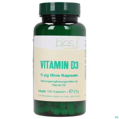 Sie sehen eine Packung Bios Vitamin D3 5 µg 100 Kapseln, Produktbild: 02 Bios Vitamin D3 5 µg 100 Kapseln, A-Nr.: 3893553 - 02