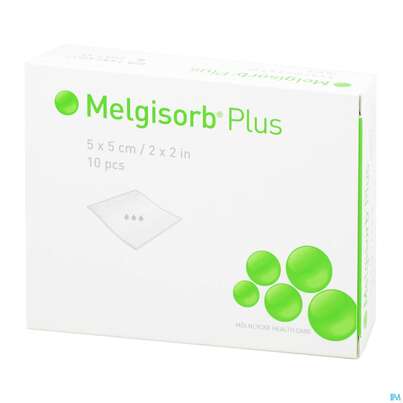 Sie sehen eine Packung Melgisorb Plus Steril 5x 5cm 10st, Produktbild: 01 Melgisorb Plus Steril 5x 5cm 10st, A-Nr.: 4245106 - 01