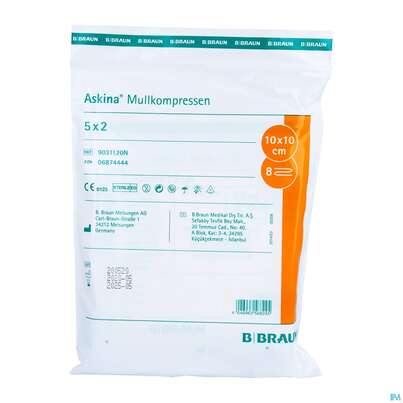 Sie sehen eine Packung Mullkompressen Askina 8fach Steril 10x 10cm 5x2 10st, Produktbild: 01 Mullkompressen Askina 8fach Steril 10x 10cm 5x2 10st, A-Nr.: 1778925 - 01