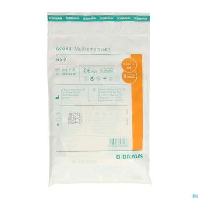 Sie sehen eine Packung Mullkompressen Askina 8fach Steril 7,5x 7,5cm 5x2 10st, Produktbild: 01 Mullkompressen Askina 8fach Steril 7,5x 7,5cm 5x2 10st, A-Nr.: 1778919 - 01