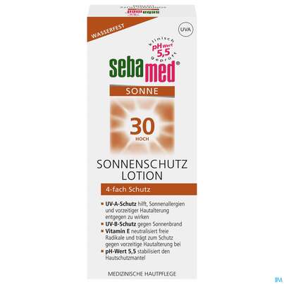 Sie sehen eine Packung Sonnenprodukte Sebamed Lotion Lsf30 150ml, Produktbild: 01 Sonnenprodukte Sebamed Lotion Lsf30 150ml, A-Nr.: 5054437 - 01
