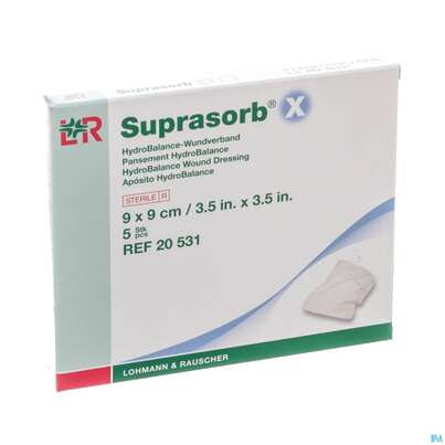 Sie sehen eine Packung Suprasorb/x Hydrobalance Wundverband Kompresse 9x 9cm 5st, Produktbild: 02 Suprasorb/x Hydrobalance Wundverband Kompresse 9x 9cm 5st, A-Nr.: 3065141 - 02