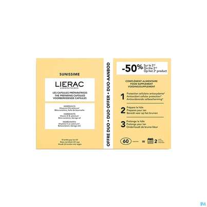 Sie sehen eine Packung Sonnenprodukte Lierac Sunissime Preparing Capsules 60cap 2pk, Produktbild: 02 Sonnenprodukte Lierac Sunissime Preparing Capsules 60cap 2pk, A-Nr.: 5849705 - 02