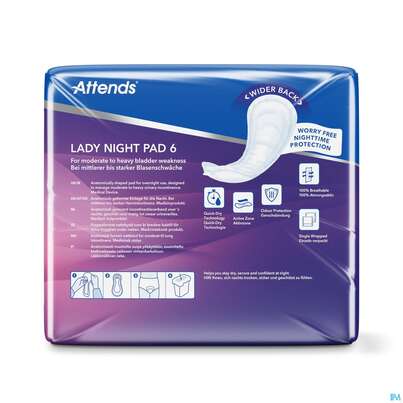 Sie sehen eine Packung Inkontinenz Attends Einlagen/vorlage Lady Night Pad 6 30st, Produktbild: 03 Inkontinenz Attends Einlagen/vorlage Lady Night Pad 6 30st, A-Nr.: 5630007 - 03