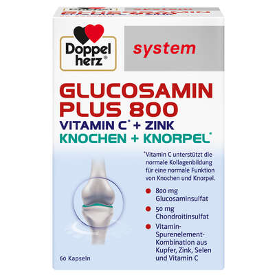 Sie sehen eine Packung Doppelherz system GLUCOSAMIN PLUS 800 VITAMIN C + ZINK, Produktbild: 01 Doppelherz system GLUCOSAMIN PLUS 800 VITAMIN C + ZINK, A-Nr.: 5678847 - 01