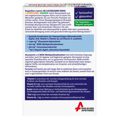 Sie sehen eine Packung Doppelherz system Glucosamin 1000 + Curcuma Vegan, Produktbild: 02 Doppelherz system Glucosamin 1000 + Curcuma Vegan, A-Nr.: 5688998 - 02