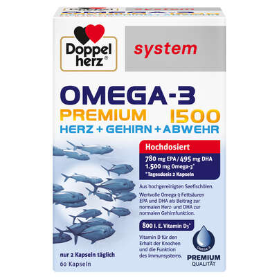 Sie sehen eine Packung Doppelherz system OMEGA-3 PREMIUM 1500 HERZ + GEHIRN + ABWEHR, Produktbild: 01 Doppelherz system OMEGA-3 PREMIUM 1500 HERZ + GEHIRN + ABWEHR, A-Nr.: 5677196 - 01