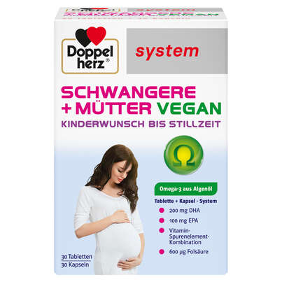 Sie sehen eine Packung Doppelherz system SCHWANGERE + MÜTTER VEGAN KINDERWUNSCH BIS STILLZEIT, Produktbild: 01 Doppelherz system SCHWANGERE + MÜTTER VEGAN KINDERWUNSCH BIS STILLZEIT, A-Nr.: 5686999 - 01