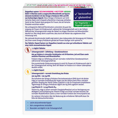 Sie sehen eine Packung Doppelherz system SCHWANGERE + MÜTTER VEGAN KINDERWUNSCH BIS STILLZEIT, Produktbild: 04 Doppelherz system SCHWANGERE + MÜTTER VEGAN KINDERWUNSCH BIS STILLZEIT, A-Nr.: 5686999 - 04