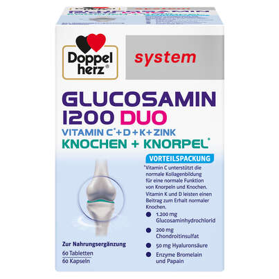 Sie sehen eine Packung Doppelherz system GLUCOSAMIN 1200 DUO KNOCHEN + KNORPEL, Produktbild: 01 Doppelherz system GLUCOSAMIN 1200 DUO KNOCHEN + KNORPEL, A-Nr.: 5677925 - 01
