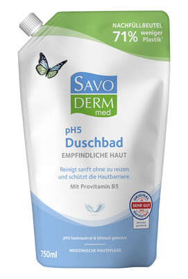 Sie sehen eine Packung Savoderm med EMPFINDLICHE HAUT pH5 Duschbad Nachfüllbeutel 750ml, Produktbild: 01 Savoderm med EMPFINDLICHE HAUT pH5 Duschbad Nachfüllbeutel 750ml, A-Nr.: 5876760 - 01