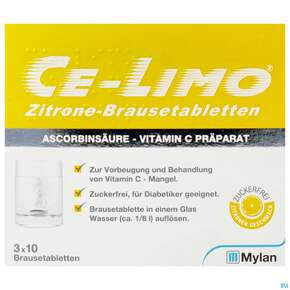 Sie sehen eine Packung Ce-limo Zitrone Brausetabl Bp3x1 30st, Produktbild: 01 Ce-limo Zitrone Brausetabl Bp3x1 30st, A-Nr.: 0010659 - 01