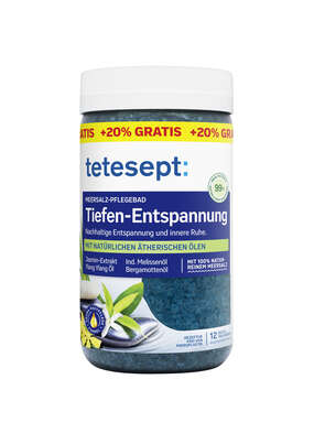 Sie sehen eine Packung Tetesept Tiefenentspannung Meersalz 750g+150g, Produktbild: 01 Tetesept Tiefenentspannung Meersalz 750g+150g, A-Nr.: 5717903 - 01