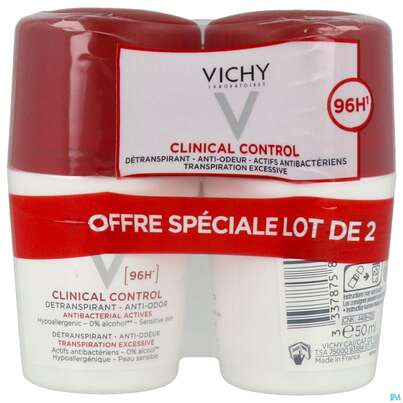 Sie sehen eine Packung Vichy Deo/roll-on 96h Anti-transpirant 2x50 100ml, Produktbild: 01 Vichy Deo/roll-on 96h Anti-transpirant 2x50 100ml, A-Nr.: 5671383 - 01