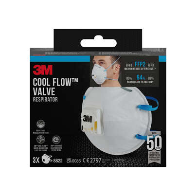 Sie sehen eine Packung 3M™ Maske für Hand- und Maschinenschleifen, FFP2, mit Ventil, 3 pro Packung, Produktbild: 02 3M™ Maske für Hand- und Maschinenschleifen, FFP2, mit Ventil, 3 pro Packung, A-Nr.: 5646876 - 02