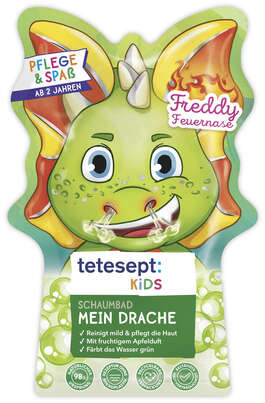 Sie sehen eine Packung tetesept Kinder Badespaß Schaumbad Mein Drache 40ml, Produktbild: 01 tetesept Kinder Badespaß Schaumbad Mein Drache 40ml, A-Nr.: 5074492 - 01