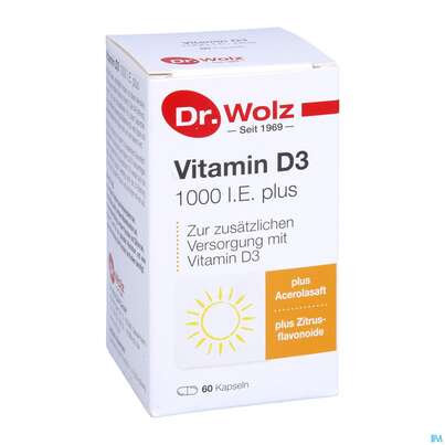 Sie sehen eine Packung Vitamin D3 Kapseln 1000ie Plus -dr.wolz Nr 60 60st, Produktbild: 05 Vitamin D3 Kapseln 1000ie Plus -dr.wolz Nr 60 60st, A-Nr.: 3839335 - 05