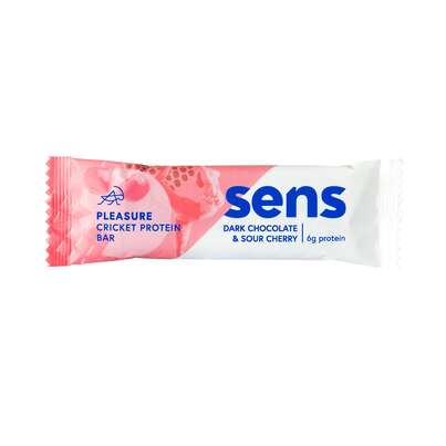 Sie sehen eine Packung SENS Pleasure Proteinriegel mit Grillenmehl - Dunkle Schokolade & Sauerkirsche, Produktbild: 01 SENS Pleasure Proteinriegel mit Grillenmehl - Dunkle Schokolade & Sauerkirsche, A-Nr.: 5948637 - 01