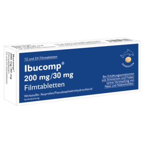 Sie sehen eine Packung Ibucomp® lindert Erkältungssymptome, Produktbild: 01 Ibucomp® lindert Erkältungssymptome, A-Nr.: 5529337 - 01