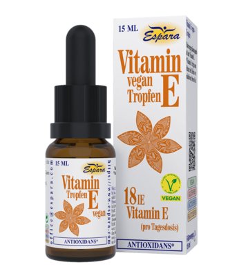 Sie sehen eine Packung Vitamin E vegan Tropfen, Produktbild: 01 Vitamin E vegan Tropfen, A-Nr.: 5377270 - 01