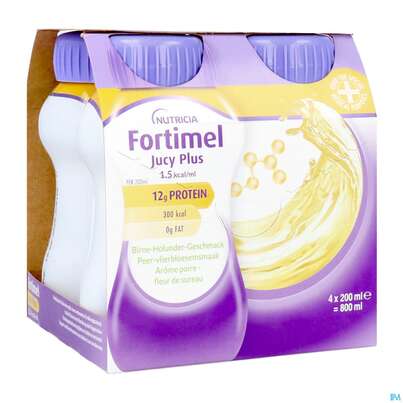 Sie sehen eine Packung Fortimel/jucy Plus Fluessig 200ml Birne Holunder 4st, Produktbild: 08 Fortimel/jucy Plus Fluessig 200ml Birne Holunder 4st, A-Nr.: 5808528 - 08