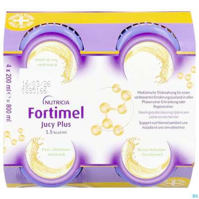 Sie sehen eine Packung Fortimel/jucy Plus Fluessig 200ml Birne Holunder 4st, Produktbild: 06 Fortimel/jucy Plus Fluessig 200ml Birne Holunder 4st, A-Nr.: 5808528 - 06