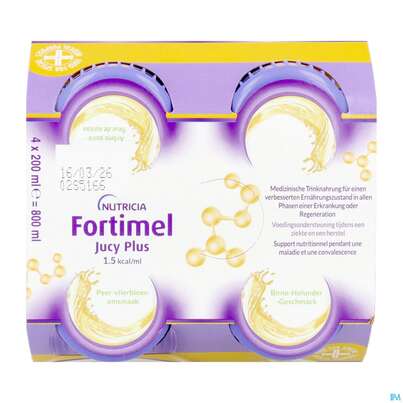 Sie sehen eine Packung Fortimel/jucy Plus Fluessig 200ml Birne Holunder 4st, Produktbild: 07 Fortimel/jucy Plus Fluessig 200ml Birne Holunder 4st, A-Nr.: 5808528 - 07